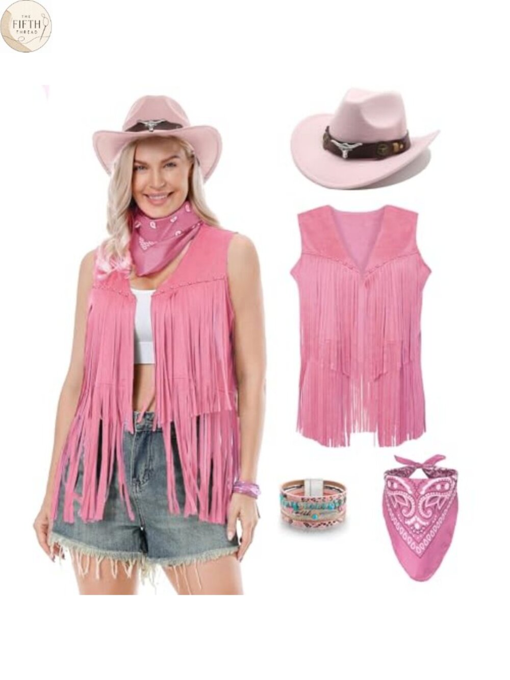 Cowgirl Costume Set Fringe Vest Hat Necklace Bandana Western Outfit